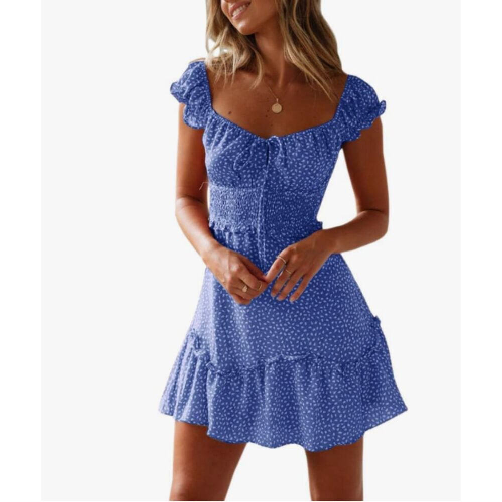 YOBECHO Blue Floral Mini Dress Ruffle Sleeve Sweetheart Neck Cottagecore Size S